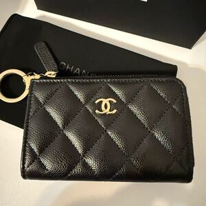 Chanel Classic Black Quilted Calfskin Leather O-Ring Zipped Key Holder